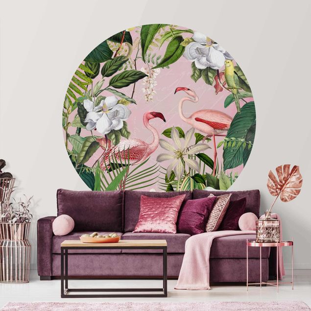 runde Fototapete Tropische Flamingos mit Pflanzen in Rosa