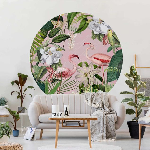 Fototapete Dschungel Tropische Flamingos mit Pflanzen in Rosa