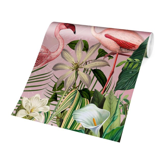 Fototapete - Tropische Flamingos mit Pflanzen in Rosa