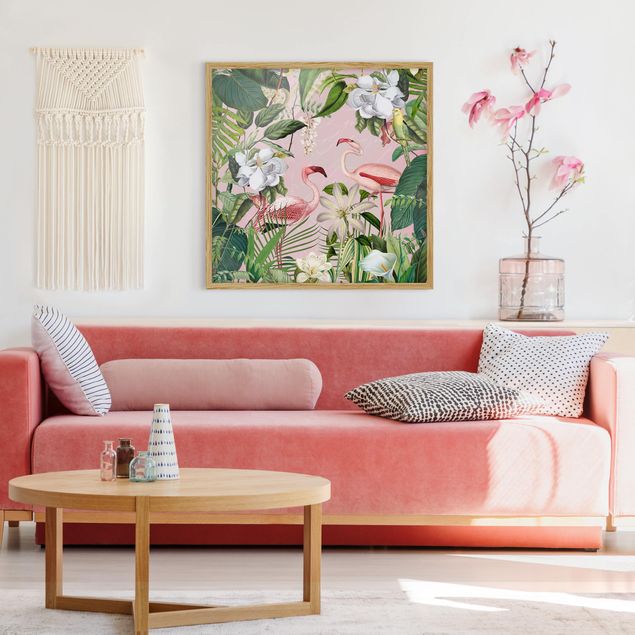 Bilder mit Rahmen Blumen Tropische Flamingos mit Pflanzen in Rosa