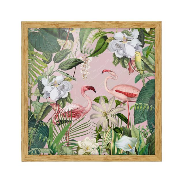 Schöne Wandbilder Tropische Flamingos mit Pflanzen in Rosa