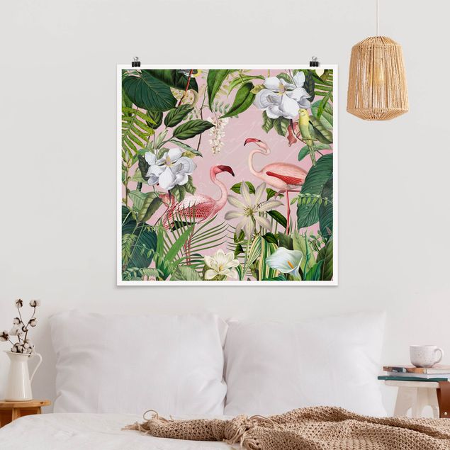 Wandbilder Tiere Tropische Flamingos mit Pflanzen in Rosa