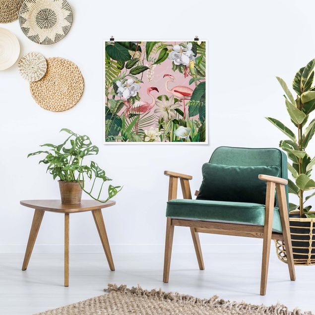 Poster Kunstdruck Tropische Flamingos mit Pflanzen in Rosa