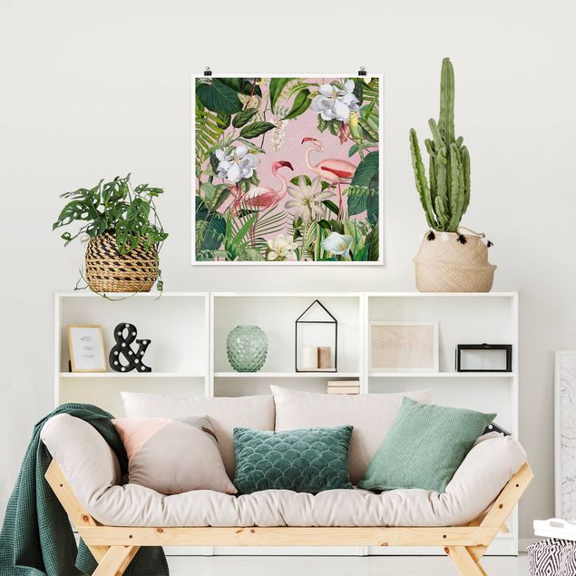 Poster Blumen Tropische Flamingos mit Pflanzen in Rosa