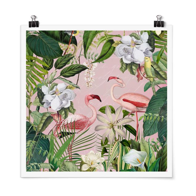 Tiere Poster Tropische Flamingos mit Pflanzen in Rosa
