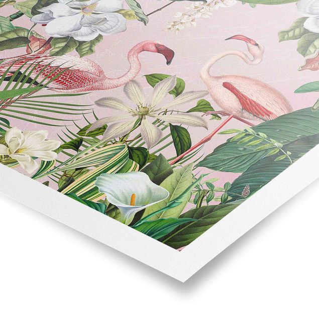 Schöne Wandbilder Tropische Flamingos mit Pflanzen in Rosa