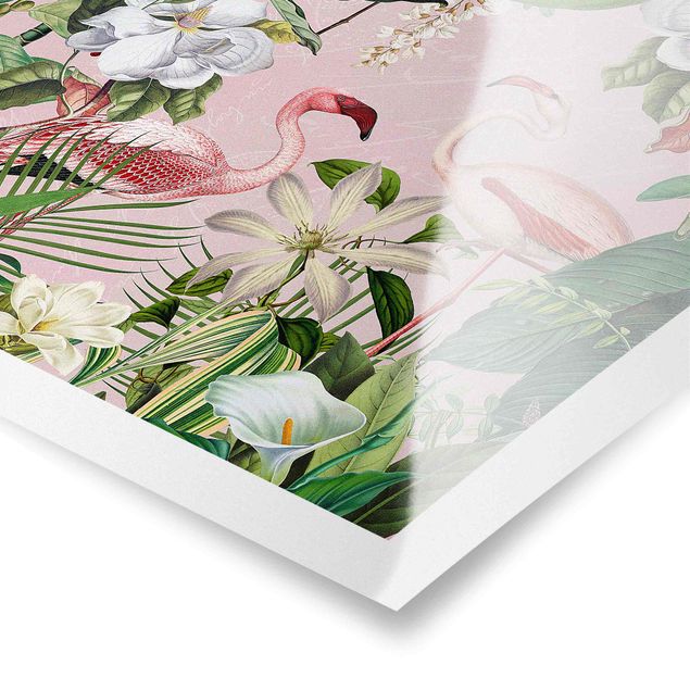 Poster bestellen Tropische Flamingos mit Pflanzen in Rosa