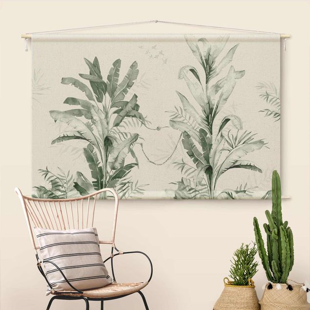 Wandteppich Vintage Tropische Palmen und Blätter