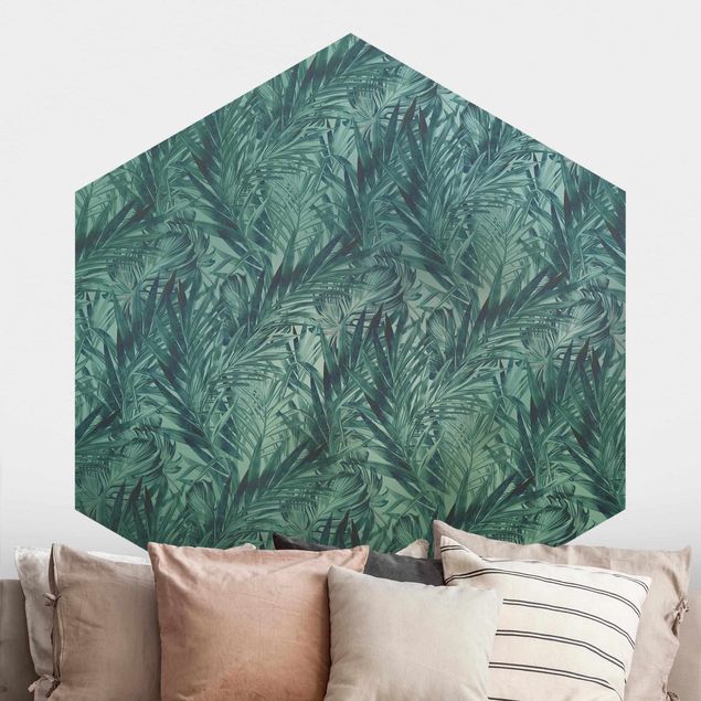 Blumentapete Tropische Palmenblätter auf Türkisverlauf