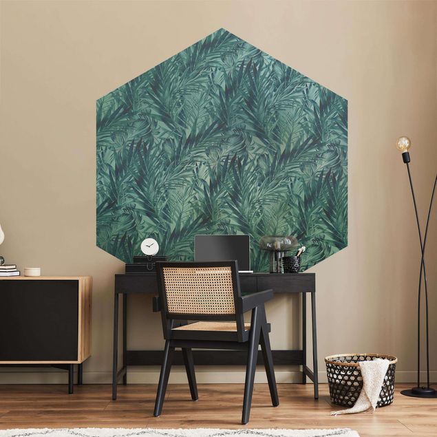 Hexagon Tapete Tropische Palmenblätter auf Türkisverlauf