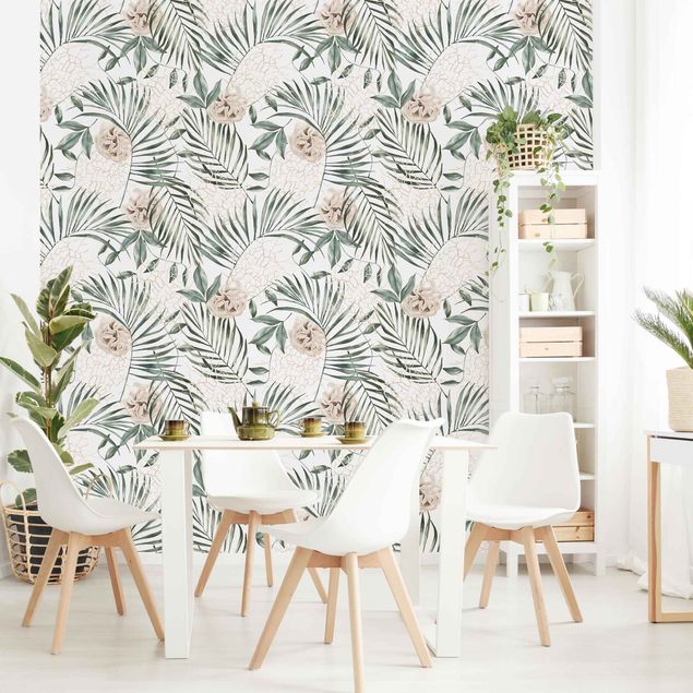 Fototapete - Tropische Palmenbögen mit Rosen Aquarell