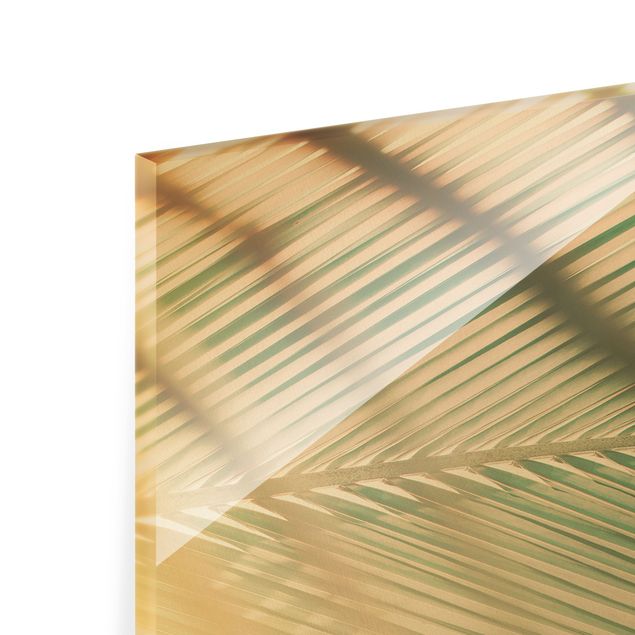 Glasbild - Tropische Pflanzen Palmen bei Sonnenuntergang II - Hochformat 3:2