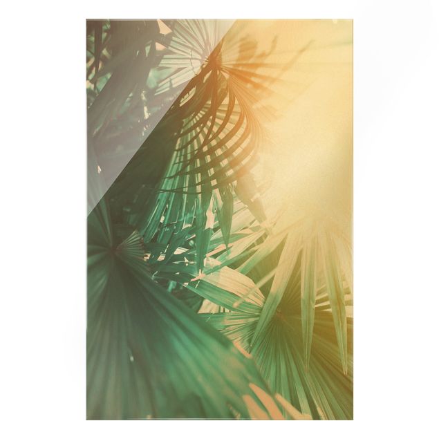 Glasbild - Tropische Pflanzen Palmen bei Sonnenuntergang - Hochformat 2:3