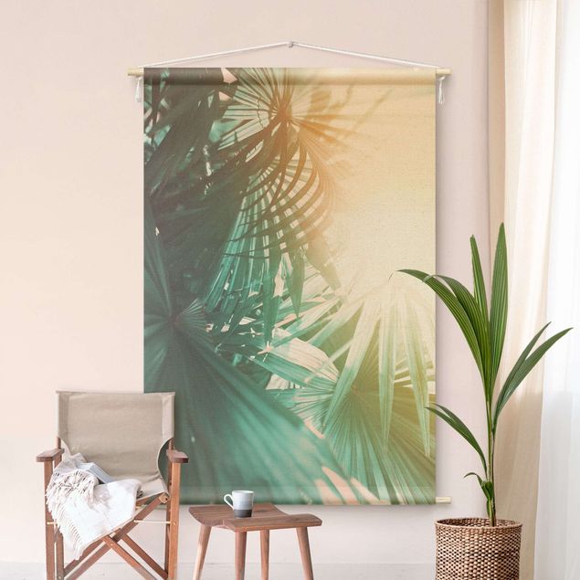 Wandbehang XXL Tropische Pflanzen Palmen bei Sonnenuntergang