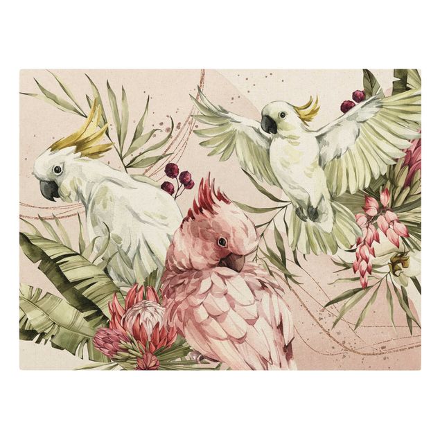 Leinwandbild Kunstdruck Tropische Vögel - Kakadus Pink und Weiß