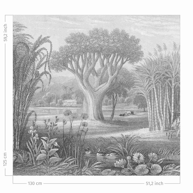 Vorhänge Blumen Tropischer Kupferstich Garten mit Teich in Grau