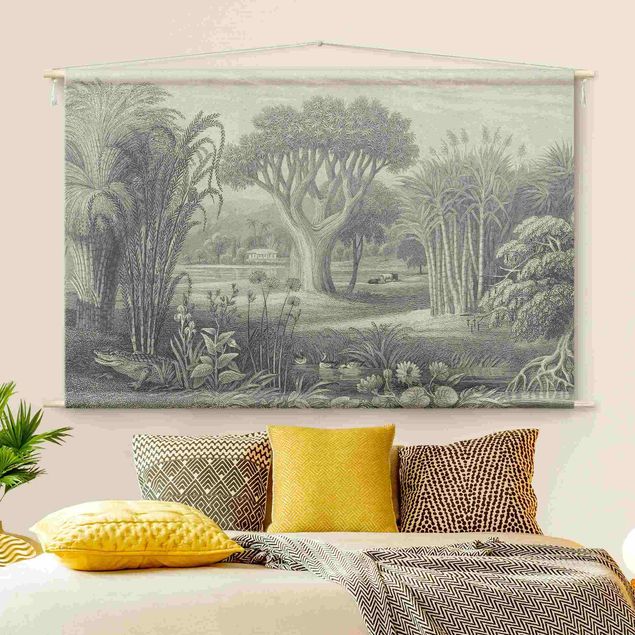 Wandbehang Natur Tropischer Kupferstich Garten mit Teich in Grau