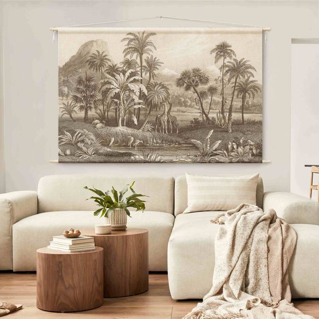 Wandteppich modern Tropischer Kupferstich mit Giraffen in Braun
