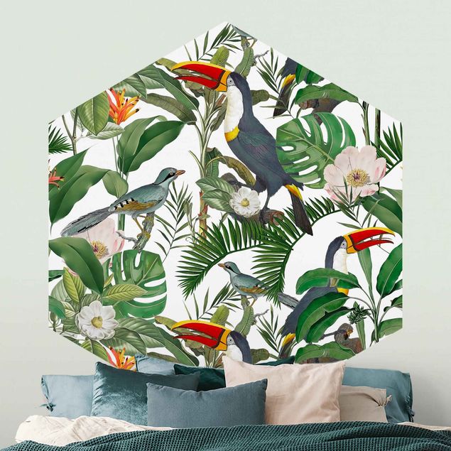 Tapete Tropischer Tukan mit Monstera und Palmenblättern