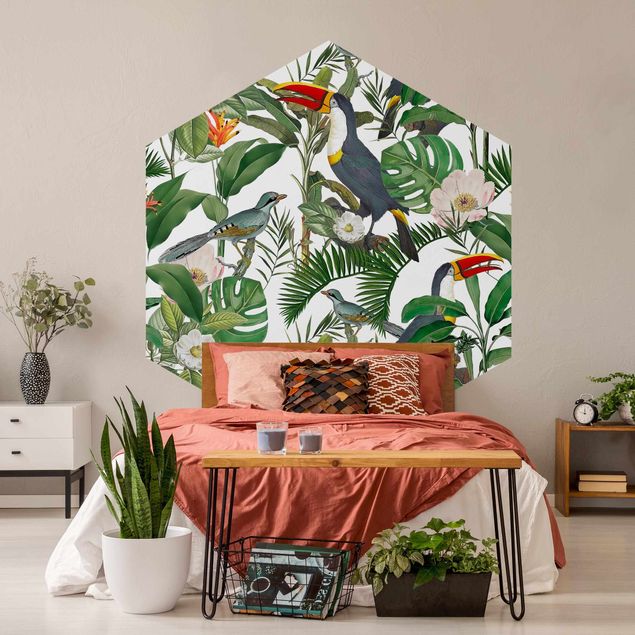Blumentapete Tropischer Tukan mit Monstera und Palmenblättern