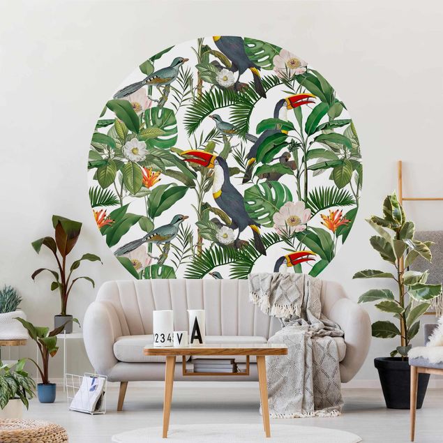 Fototapete rund Tropischer Tukan mit Monstera und Palmenblättern