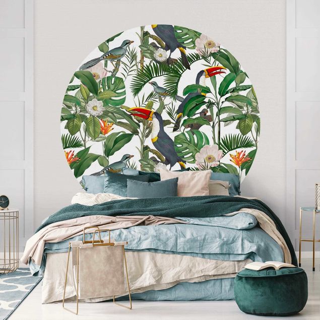Tapete Dschungel Tropischer Tukan mit Monstera und Palmenblättern
