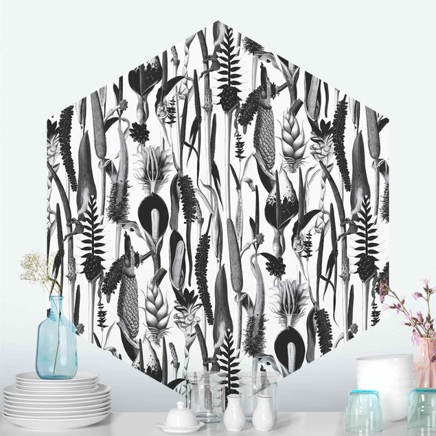 Fototapete Blumen Tropisches Luxus Muster Schwarz-Weiß