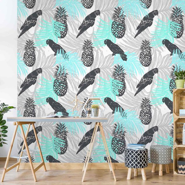 Fototapete - Tropisches Muster mit Ananas und Papageien Türkis
