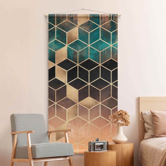Moderne Wandteppiche Türkis Rosé goldene Geometrie