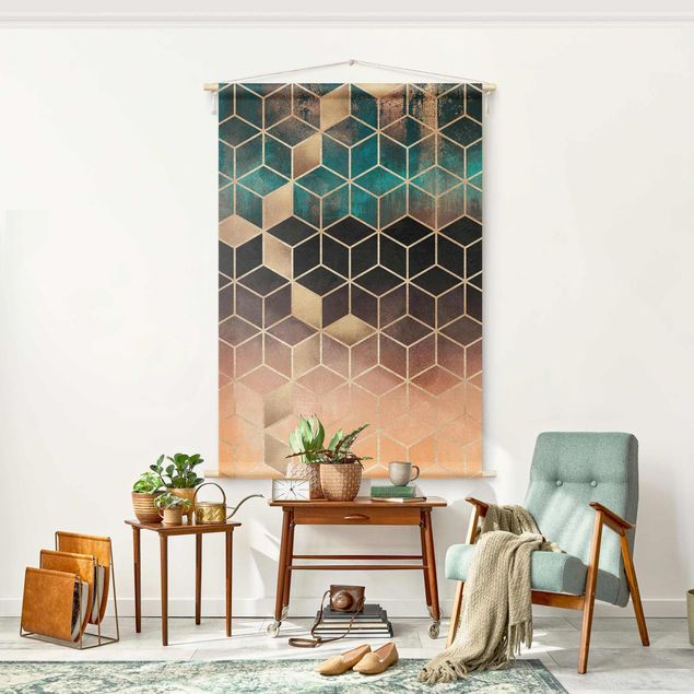 Wandbilder abstrakt Türkis Rosé goldene Geometrie