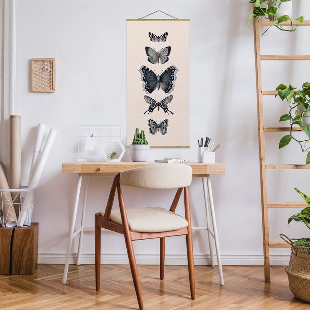 Stoffbilder mit Holzleisten Tusche Schmetterlinge auf Beige