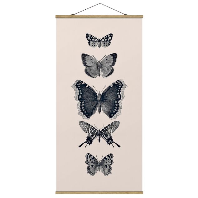 Stoffbild mit Posterleisten - Tusche Schmetterlinge auf Beige - Hochformat 1:2