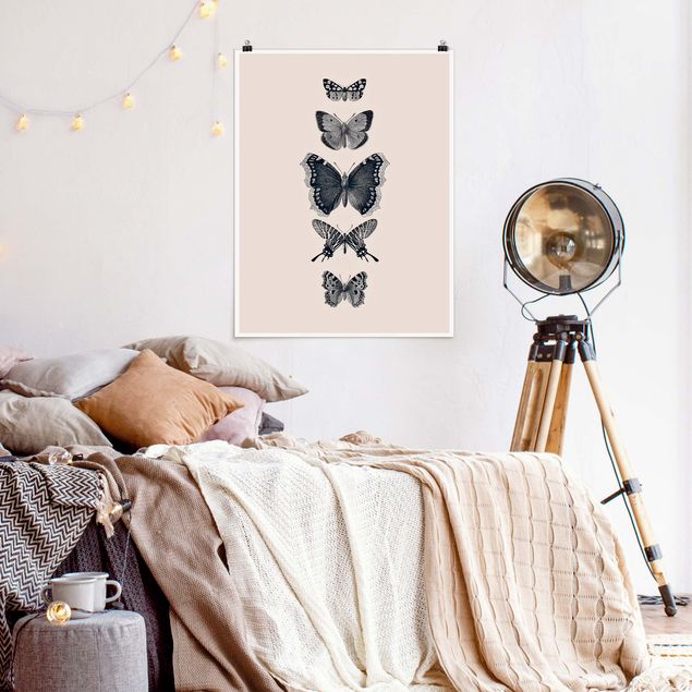 Poster Illustration Tusche Schmetterlinge auf Beige