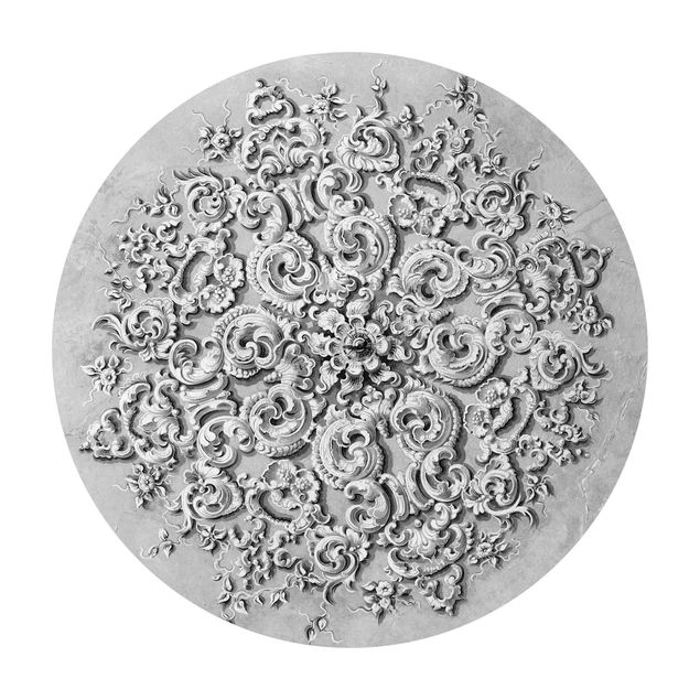Runder Vinyl-Teppich - Viktorianische Ornamentik mit Patina in Schwarz-Weiß