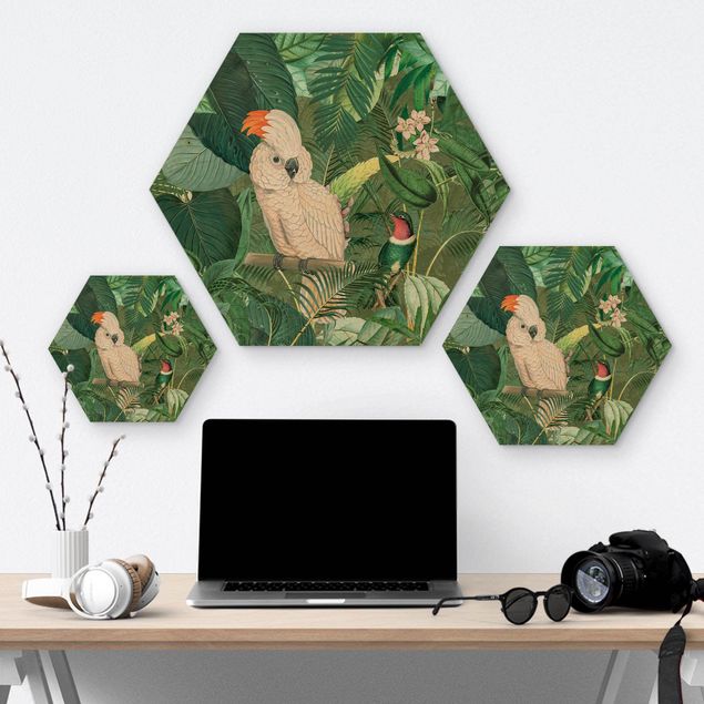 Hexagon-Holzbild - Vintage Collage - Kakadu und Kolibri