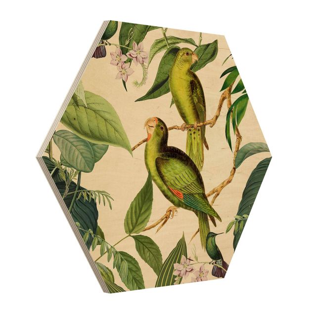 Hexagon-Holzbild - Vintage Collage - Papageien im Dschungel