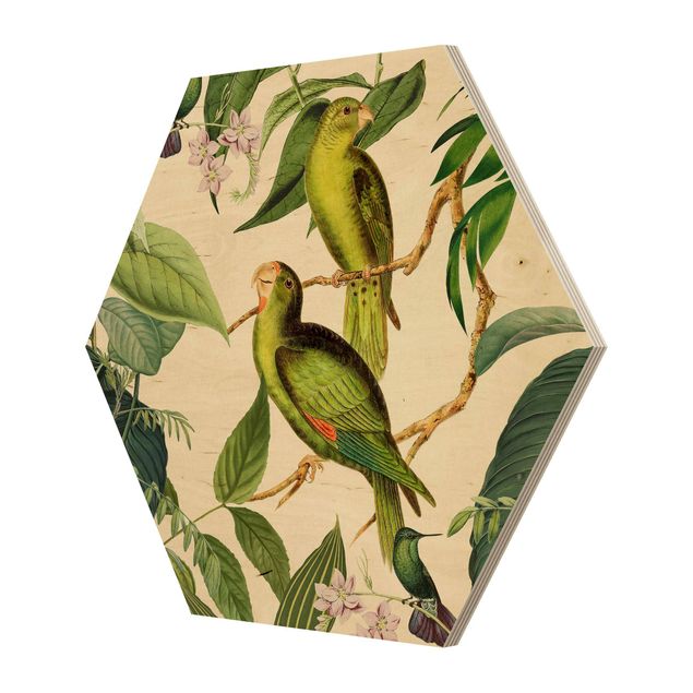 Hexagon-Holzbild - Vintage Collage - Papageien im Dschungel