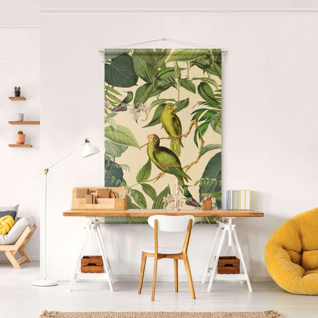 Wandteppich modern Vintage Collage - Papageien im Dschungel