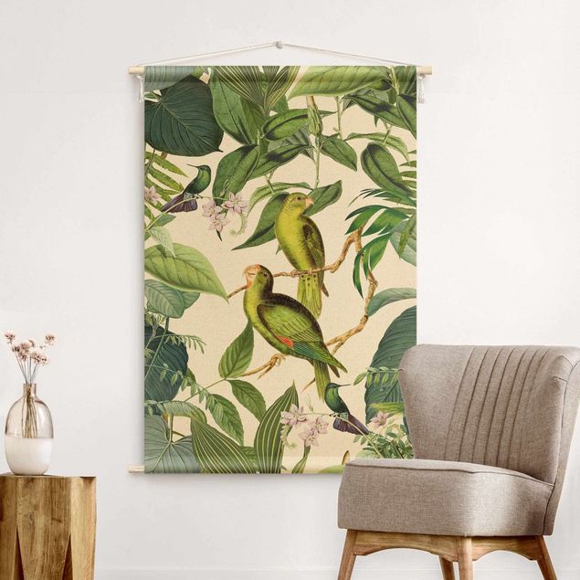 Wandbehang Vintage Collage - Papageien im Dschungel