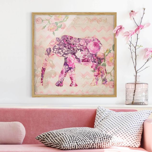 Wandbilder Tiere Vintage Collage - Rosa Blüten Elefant