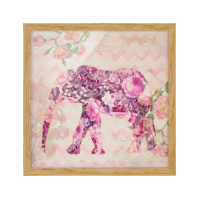 Schöne Wandbilder Vintage Collage - Rosa Blüten Elefant