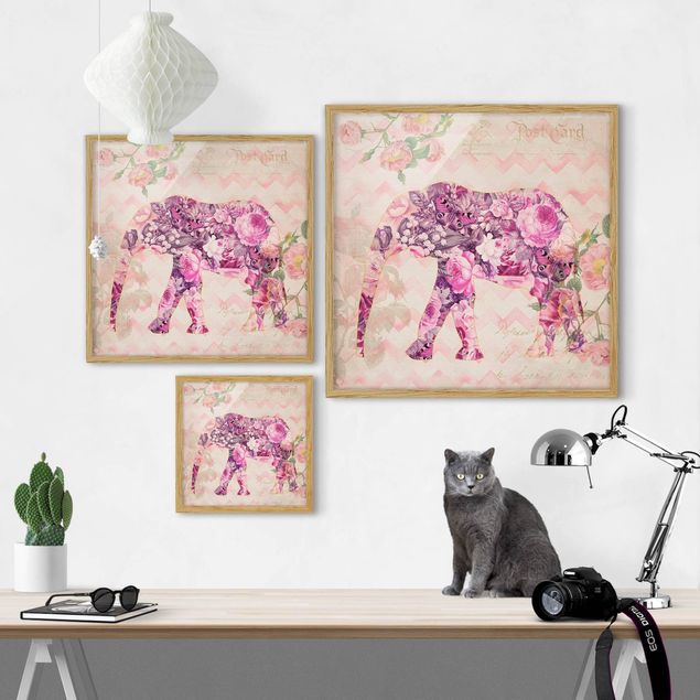 Gerahmte Bilder Vintage Collage - Rosa Blüten Elefant
