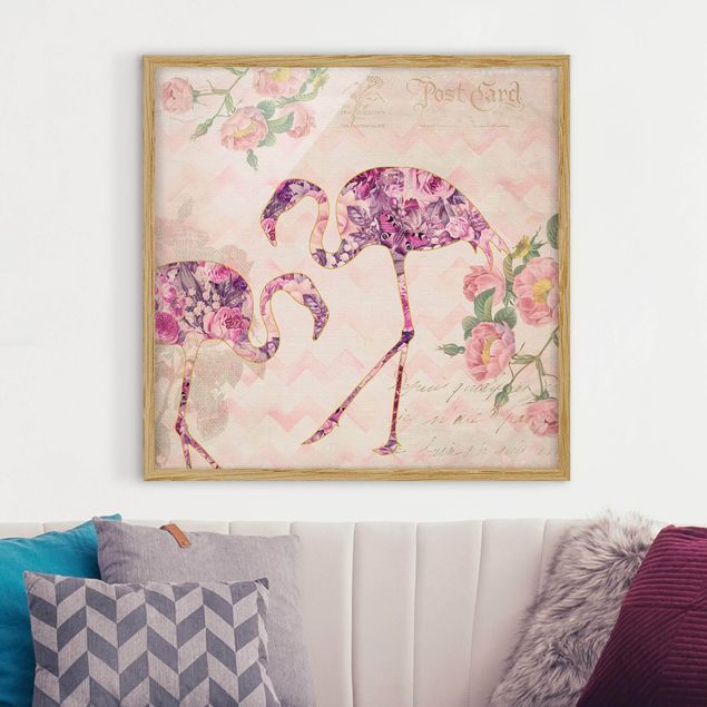Wandbilder Tiere Vintage Collage - Rosa Blüten Flamingos