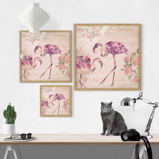 Bilder mit Rahmen Vintage Collage - Rosa Blüten Flamingos