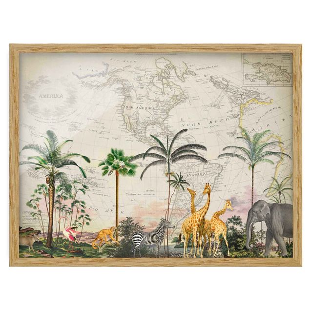 Weltkarten mit Rahmen Vintage Collage - Tierwelt auf Weltkarte