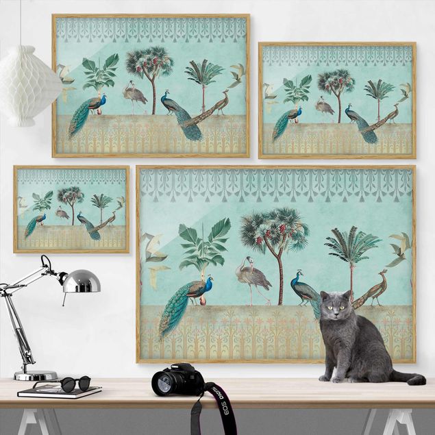 Bilder mit Rahmen Vintage Collage - Tropische Vögel mit Palmen