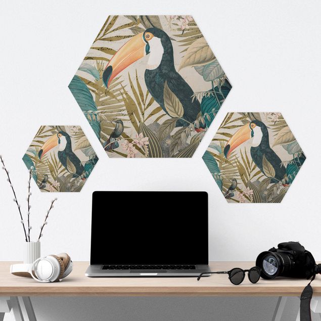 Hexagon-Forexbild - Vintage Collage - Tukan im Dschungel