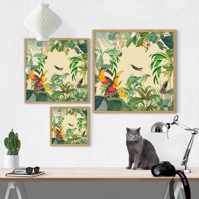 Bild mit Rahmen - Vintage Collage - Vögel im Dschungel - Quadrat 1:1