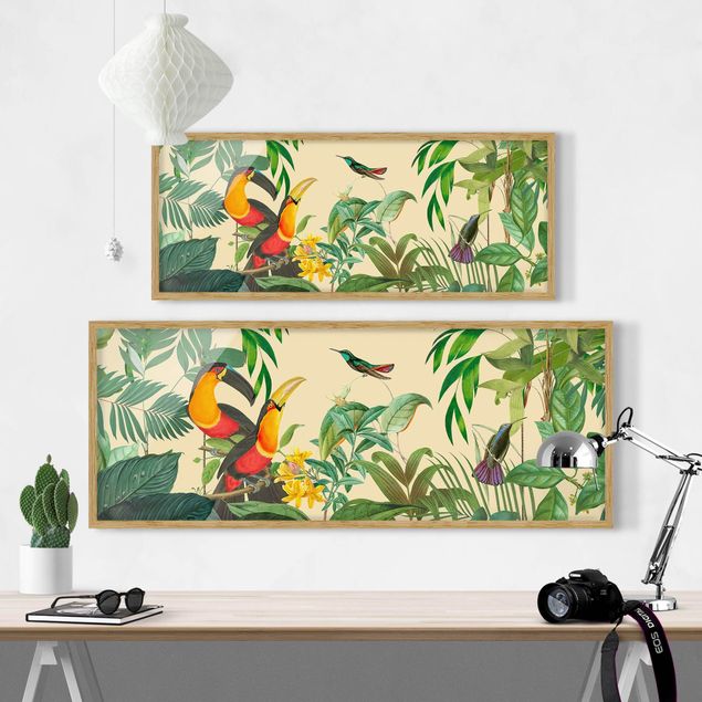 Bild mit Rahmen - Vintage Collage - Vögel im Dschungel - Panorama 3:1