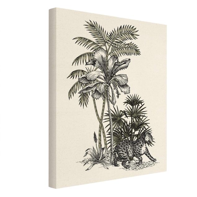 Leinwandbild Kunstdruck Vintage Illustration - Tiger und Palmen